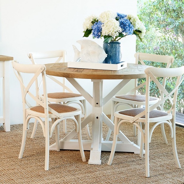 hampton dining room with wooden white stools and table